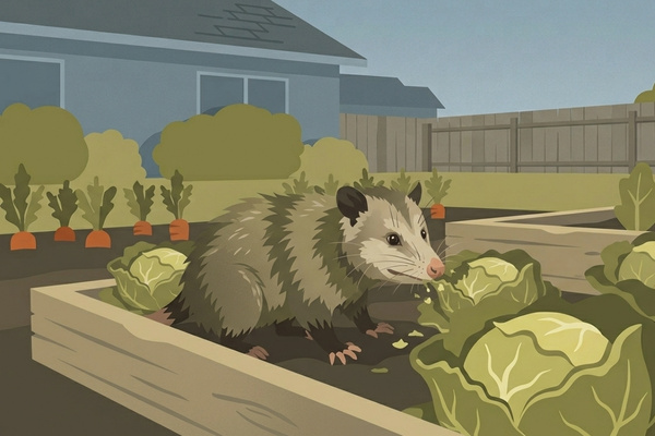 An illustration of an opossum in a raised garden bed eating a head of cabbage, with a house and fence in the background.