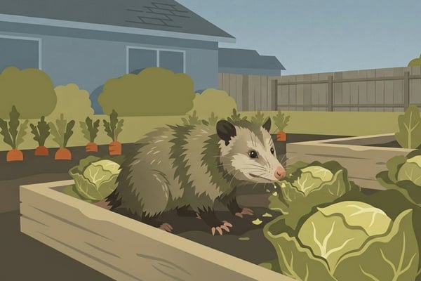 An illustration of an opossum in a raised garden bed eating a head of cabbage, with a house and fence in the background.