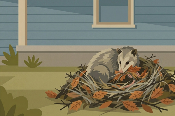 An illustration of an opossum sitting inside a large, messy nest made of dried leaves and twigs next to a house foundation.