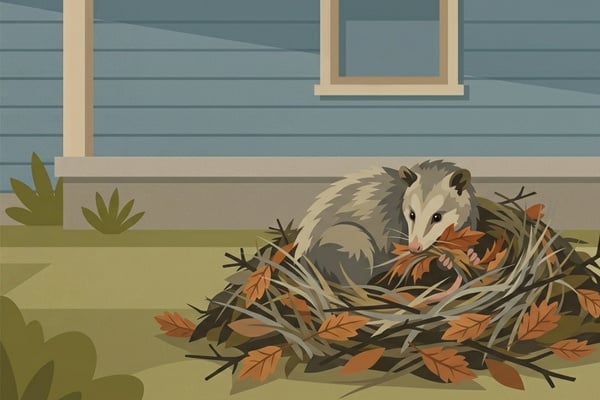 An illustration of an opossum sitting inside a large, messy nest made of dried leaves and twigs next to a house foundation.