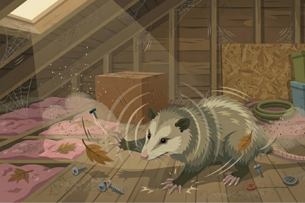 An illustration of an opossum scurrying across a wooden floor in a dusty attic, surrounded by insulation, cobwebs, and sound waves indicating a loud noise.
