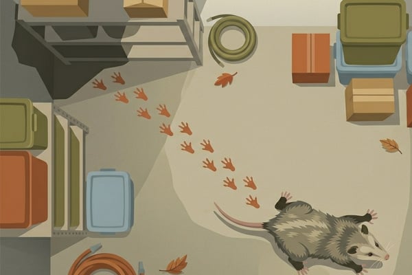 A top-down illustration of an opossum walking across a garage floor, leaving a clear trail of hand-like paw prints behind it amidst storage bins and boxes.