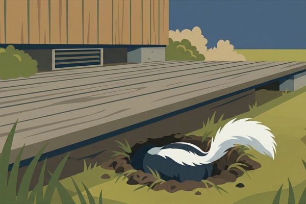 An illustration of a skunk's striped tail poking out of a freshly dug burrow beneath a wooden backyard deck.