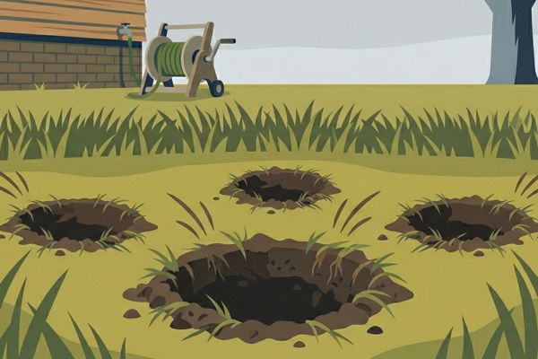 An illustration of several small, shallow, cone-shaped holes dug into a grassy lawn, representing skunk foraging behavior.