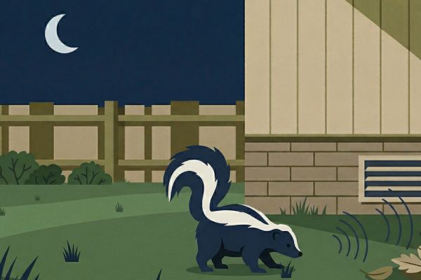 An illustration of a striped skunk walking through a backyard lawn next to a house foundation at night under a crescent moon.