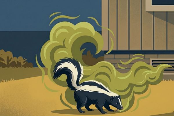 An illustration of a striped skunk walking past a house foundation with large, swirling green clouds of foul odor rising behind it.