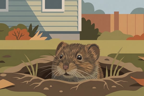 An illustration of a brown vole peeking its head out of a circular burrow hole in a backyard lawn next to a house.