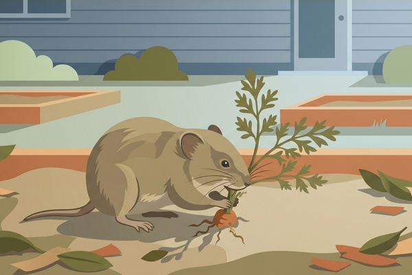 An illustration of a vole eating a freshly dug carrot in a garden bed in front of a house.