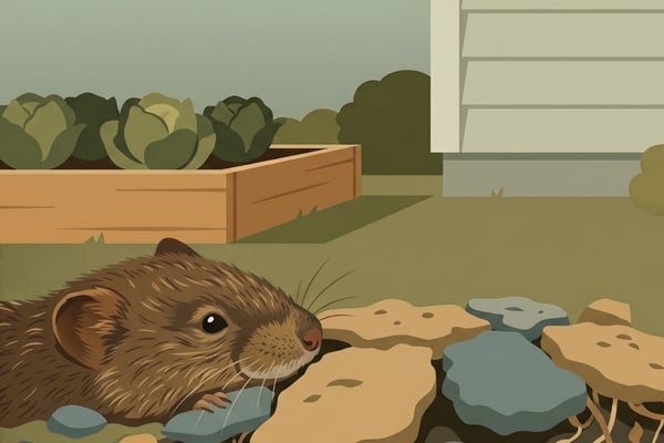 An illustration of a vole peeking out from behind loose, flat rocks in a garden area near a raised planter box.