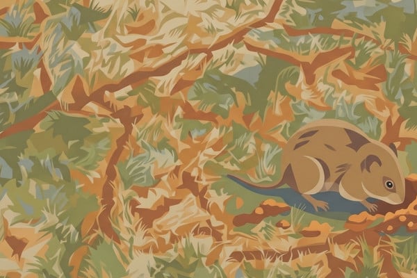 An illustration of a vole sitting next to a network of cleared, narrow surface runways woven through dense lawn grass and dead leaves.