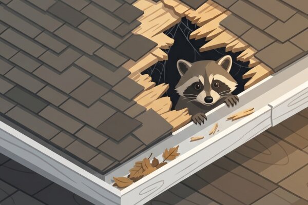 An illustration of a raccoon peeking out of a large, damaged hole it has torn through shingles and wood on a house roof next to a gutter.
