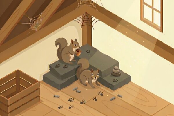 An illustration of two squirrels in an attic space surrounded by animal footprints and droppings on the wooden floor.