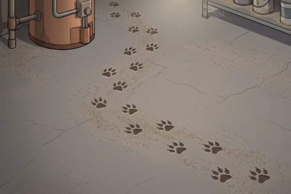 An illustration of a dusty concrete floor next to a water heater, showing a clear trail of muddy animal paw prints.