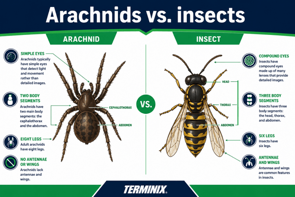 Infographic titled Arachnids vs. insects.