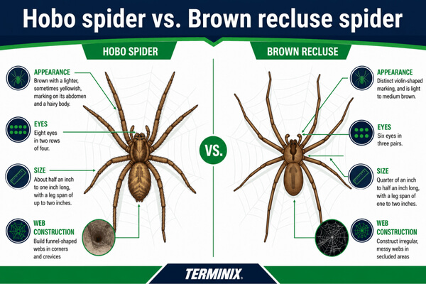 Infographic titled Hobo spider vs. Brown recluse spider.