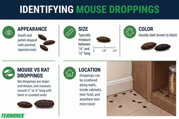 Infographic titled Identifying Mouse Droppings detailing appearance, size, color, location, and comparison to rat droppings